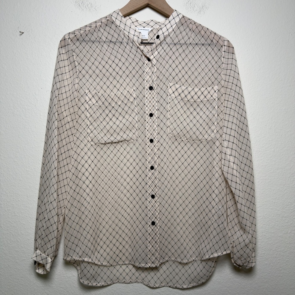 Club Monaco Women 100% Silk Button Up Blouse XS Cream Black Minimalist Preppy